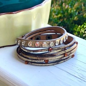 Leather Crystal Stud Wrap Snap Adjustable Bracelet Foil Brown One Size